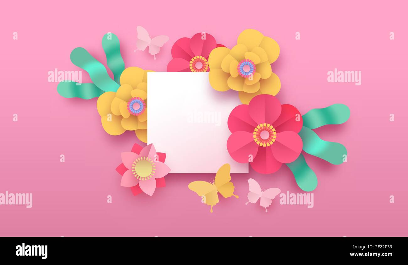 Ilustración de plantilla de flor Papercut en un estilo realista de papel artesanal de 3D. Flores de colores, mariposas de jardín y hojas con marcos blancos vacíos. Romant Ilustración del Vector