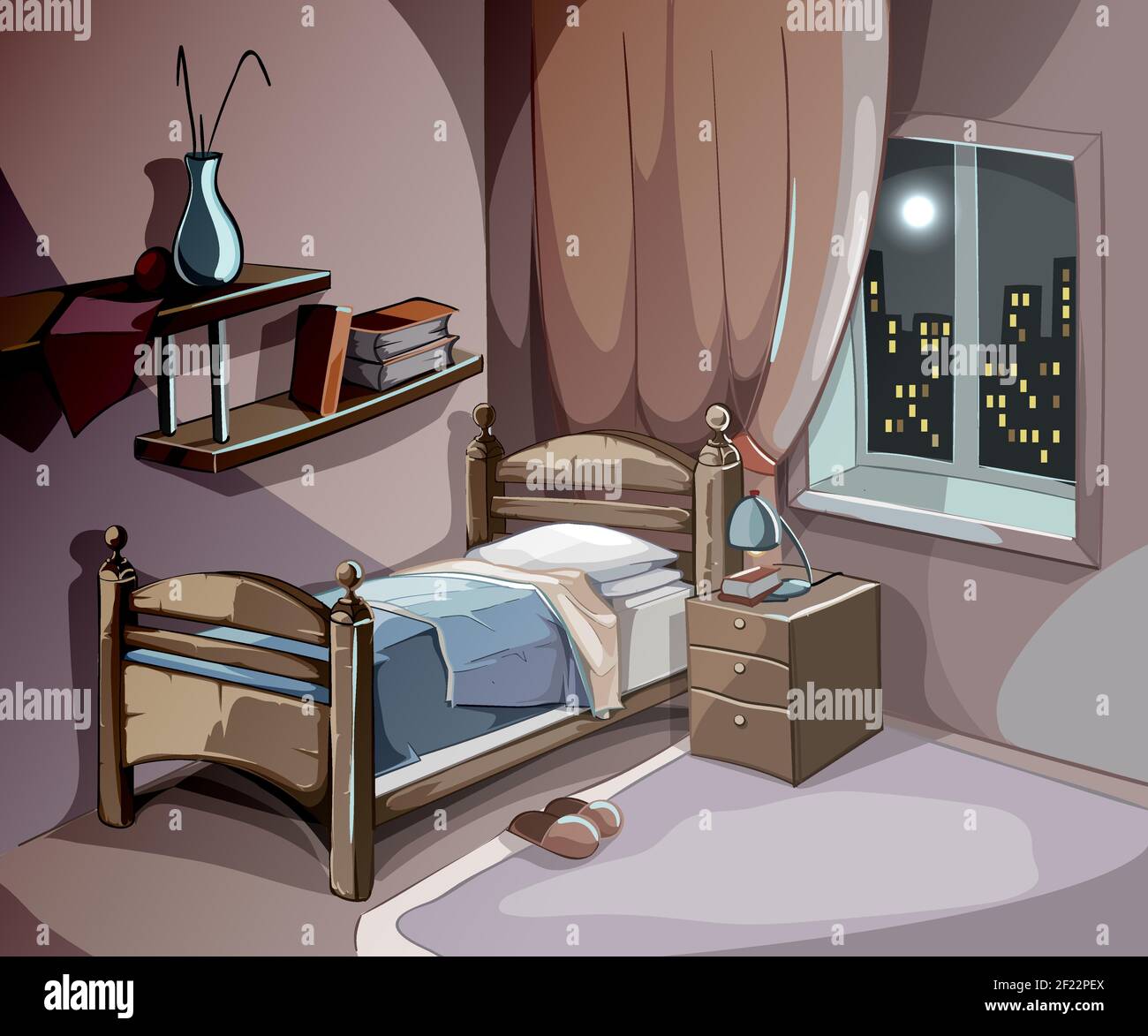 Interior del dormitorio por la noche en estilo de dibujos animados. Vector  sueño concepto de fondo. Sala de ilustraciones con muebles de cama,  comodidad para el descanso y Imagen Vector de stock -