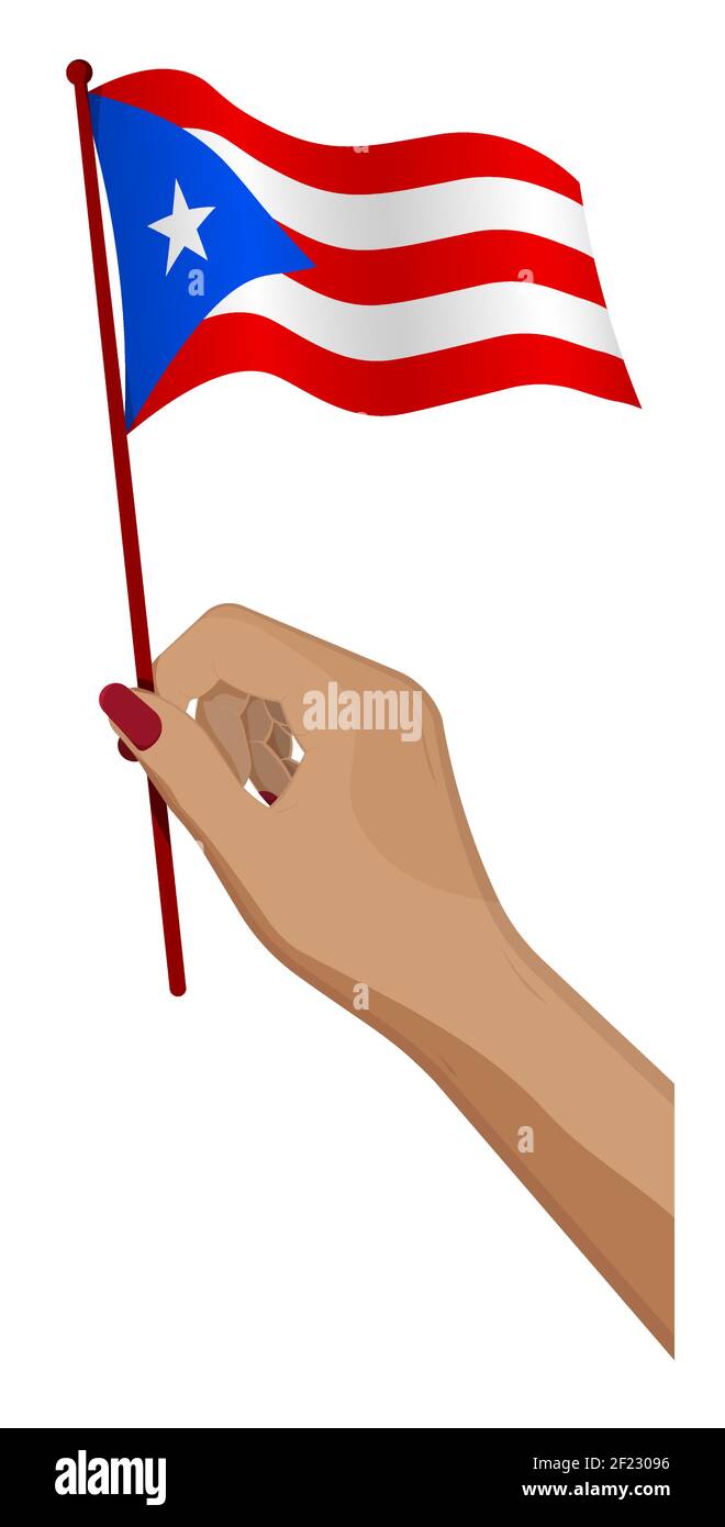 La mano femenina sostiene suavemente la bandera pequeña de Puerto Rico.  Elemento de diseño de vacaciones. Vector de dibujos animados sobre fondo  blanco Imagen Vector de stock - Alamy