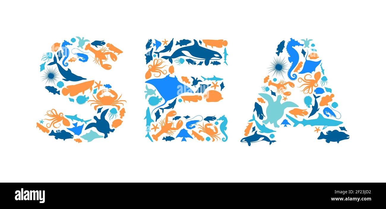 Diversas formas de animales marinos que hacen que el texto del mar del agua firme forma sobre fondo blanco aislado. Ilustración de la silueta de los animales acuáticos planos. Acuario fis Ilustración del Vector