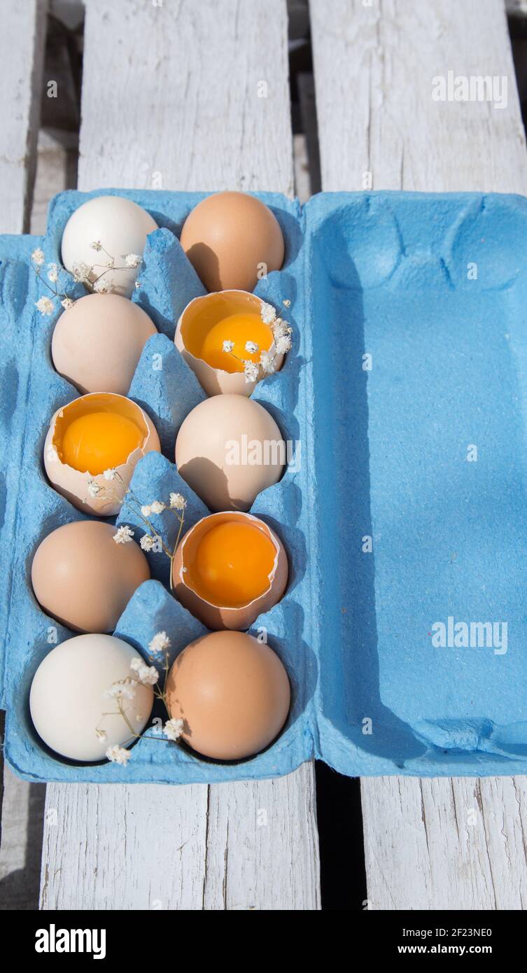 Concepto de comida saludable. Huevos de pollo de granja frescos de color marrón y blanco en una bandeja de papel azul, varios de ellos rotos y mostrando una yema brillante en la cáscara de huevo Foto de stock