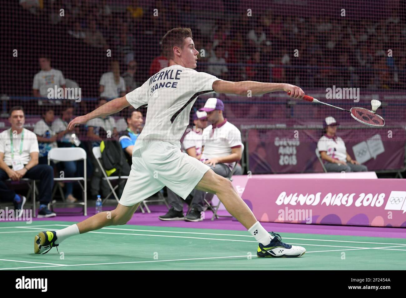 Arnaud Merkle (Fra) compite en solteros de hombres badminton durante los  Juegos Olímpicos de la Juventud