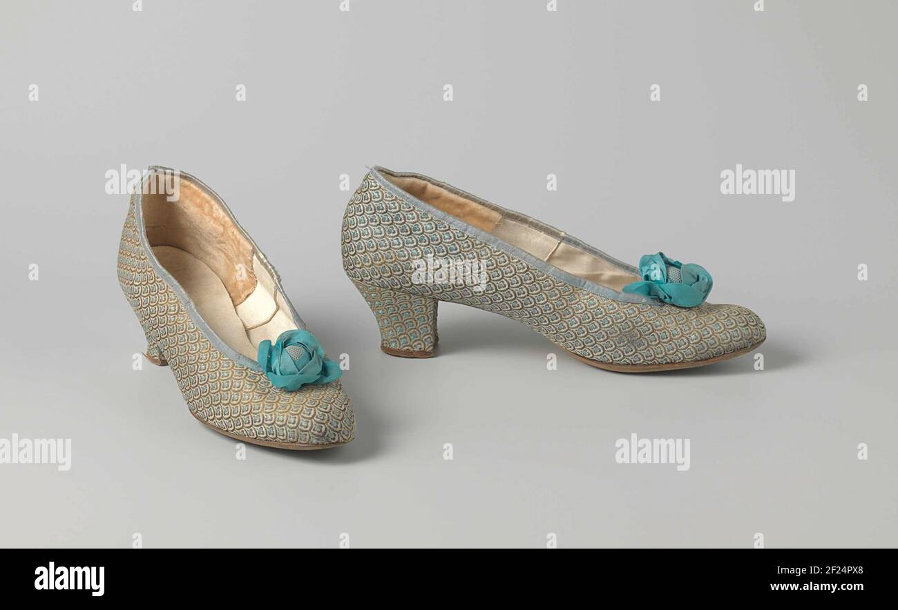 Par de zapatos para mujer con patrón de plumas de pavo real.Zapatos para  mujer hechos de brocado de seda azul con hilo de oro en un patrón de plumas  de pavo real.
