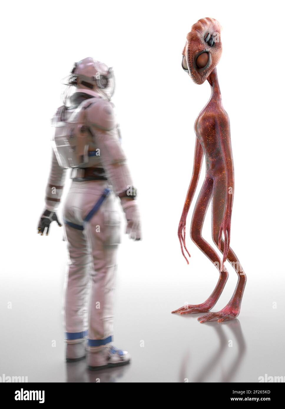 El encuentro y el conocimiento de un alienígena y un humano. Alienígena humanoide y astronauta sobre fondo blanco. Contacto extraterrestre. 3D renderizado Foto de stock