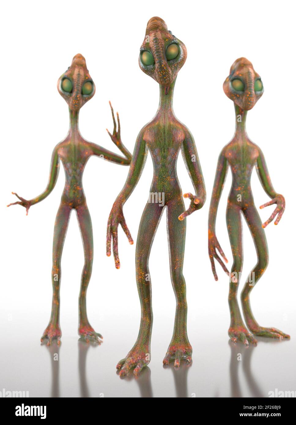 Tres alienígenas humanoides se encuentran en pleno crecimiento sobre un fondo blanco. Ilustración creativa conceptual. 3D renderizado. Foto de stock