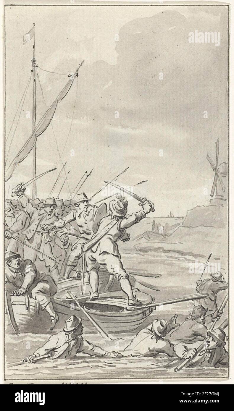 Johan van Galen se defiende contra 20 ladrones, 1649.Johan van Galen solo navegando a través del Mar Mediterráneo hasta Port Maria, se defiende contra 20 ladrones criándolo, 1649. Diseño para una impresión. Foto de stock