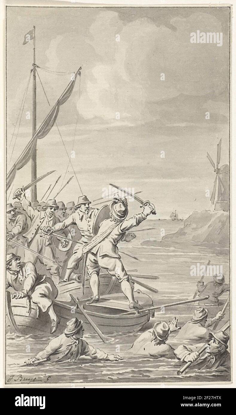 Johan van Galen se defiende contra 20 ladrones, 1649.Johan van Galen solo navegando a través del Mar Mediterráneo hasta Port Maria, se defiende contra 20 ladrones criándolo, 1649. Diseño para una impresión. Foto de stock