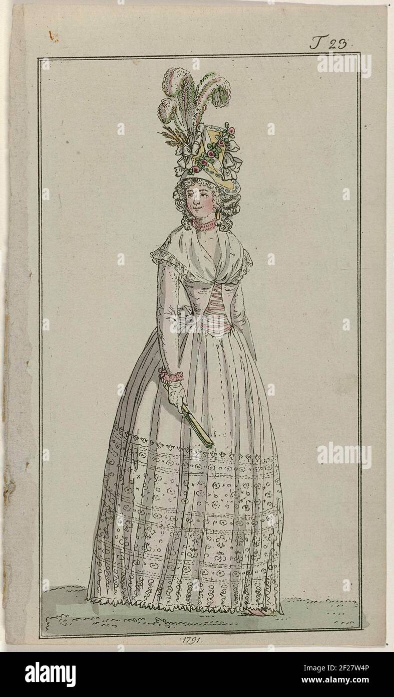 Journal des Luxus und der Moden, 1791 de diciembre, T 23.Mujer en un caraco  (?) Manga larga en una falda con diseño floral y zoom serrado. Fichu  depositado con una tira arrugada