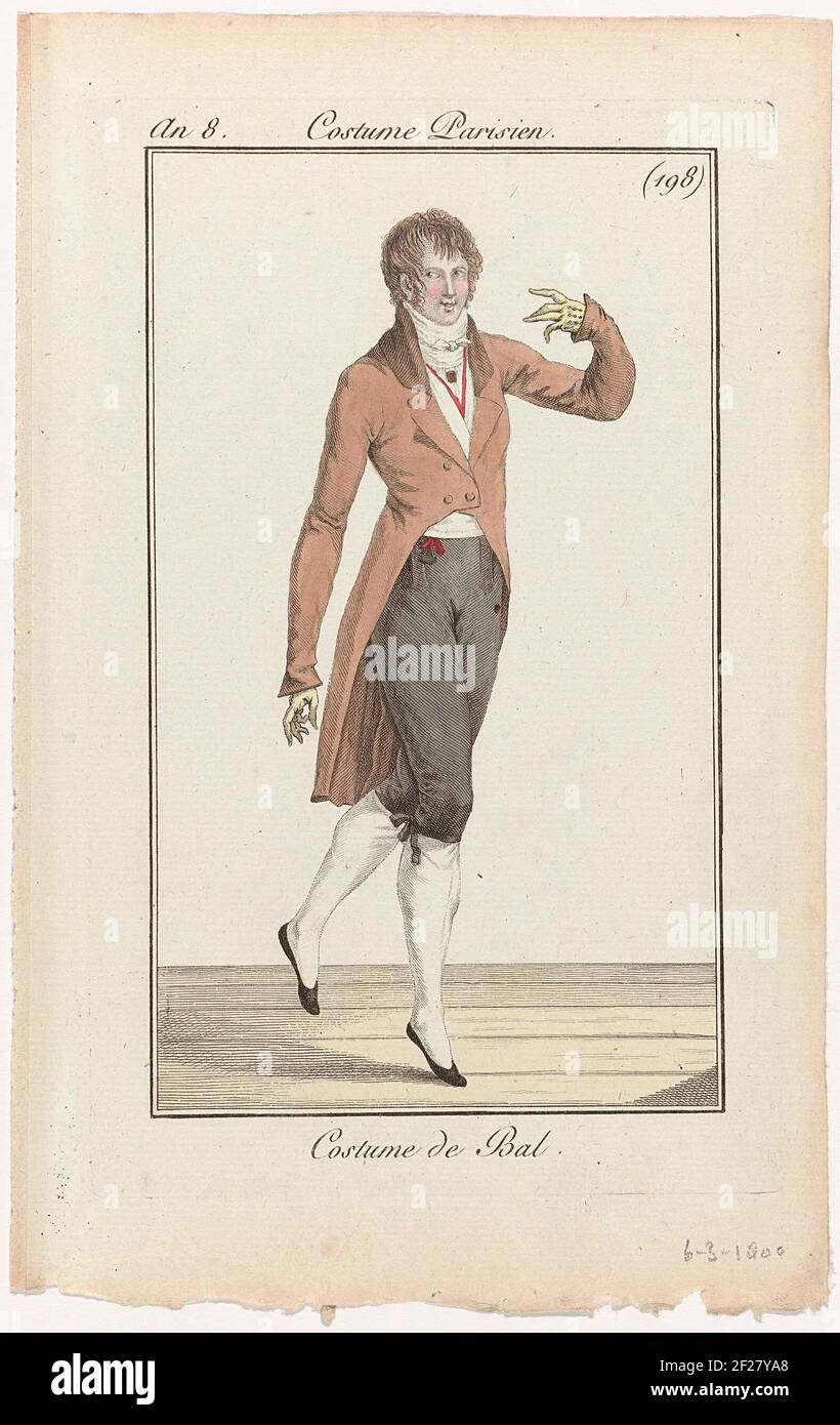 Journal des Dames et des Modes, Costume Parisien, 6 mars 1800, An 8, (198):  Traje de Bal.Man en el balcón, un pase de baile. El traje consiste en un  abrigo con dos