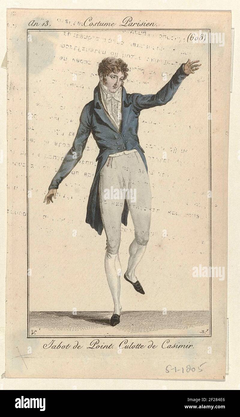 Journal des Dames et des Modes, Costume Parisien, 5 janvier 1805, An 13,  (608): Jabot de Point (...).Dancing man vestido con un frak con solapa,  cárdigan y camisa con 'jabot de Point' (