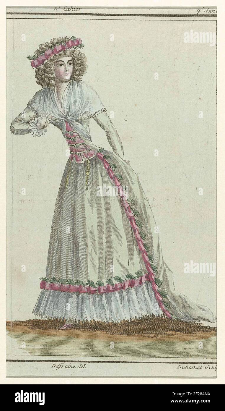 French and English News Modes Store, 11 de diciembre de 1788, 4th año,  cuaderno de 2nd, pl. 3.Mujer en 'el hábito de la bola' Baljapon de Oro con  Sendero. El vestido blanco