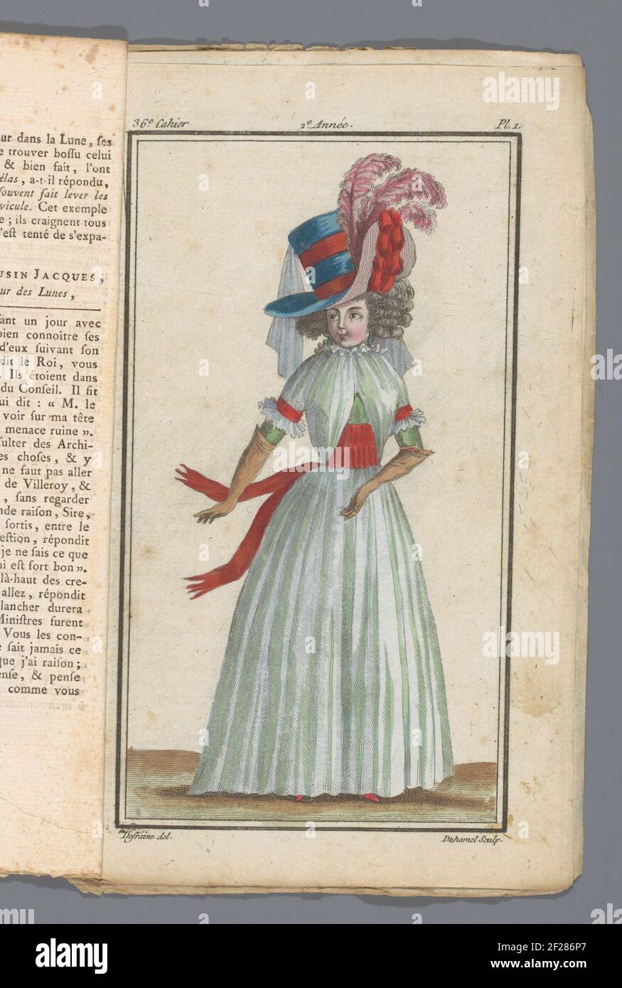 News French and English News Store, 36th de noviembre de 1787, cuaderno de  notas de 2nd, 10 año, pl. 1.Mujer de pie vestida con una 'camiseta Vegal' de  Muslin Blanco, una cinta