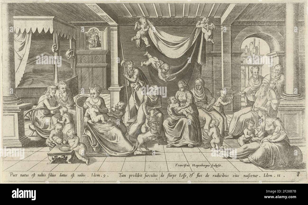Familia Santa con Anna, Elisabet y Juan el Bautista de niño, sentados en  medio de una partida. Cristo de niño, con una paloma en las manos, para un  sumo sacerdote. En primer