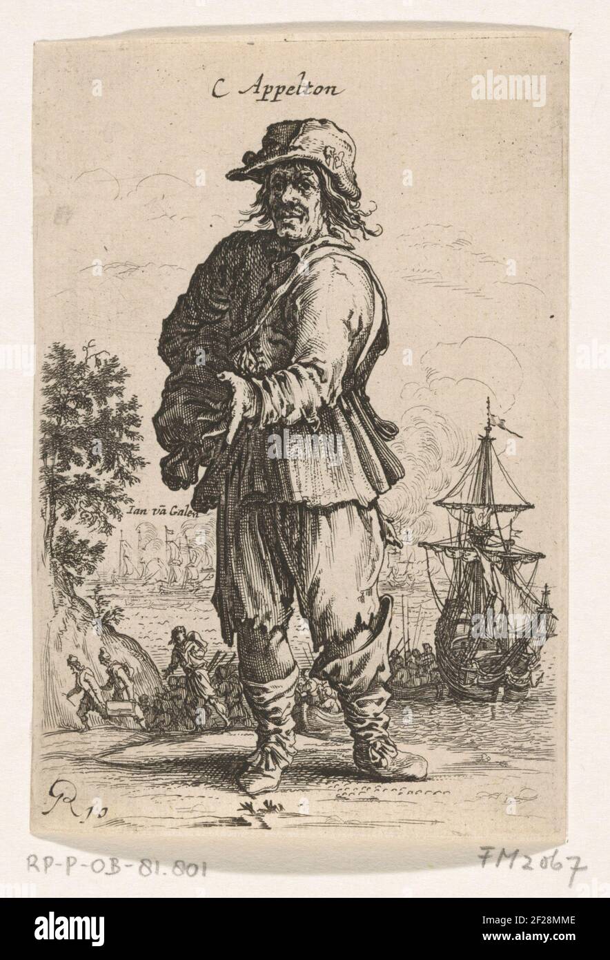 Spotprent op admiraal Appleton, 1653; C. Appelton; Personen ongelukkig geworden door de Eerste Engelse Oorlog.Cartoon en el inglés Admiraal Henry Appleton, comandante de la flota inglesa informa durante la batalla naval en Livorno por una flota estatal bajo el mando de Jan van Galen, 14 de marzo de 1653. El almirante está al lado de la orilla, en el fondo la batalla naval con el nombre de Jan van Galen. Parte de una serie de copias de grabados de mendigos y agricultores en los que también se incluyen varias cifras desafortunadas de la primera guerra inglesa. Foto de stock