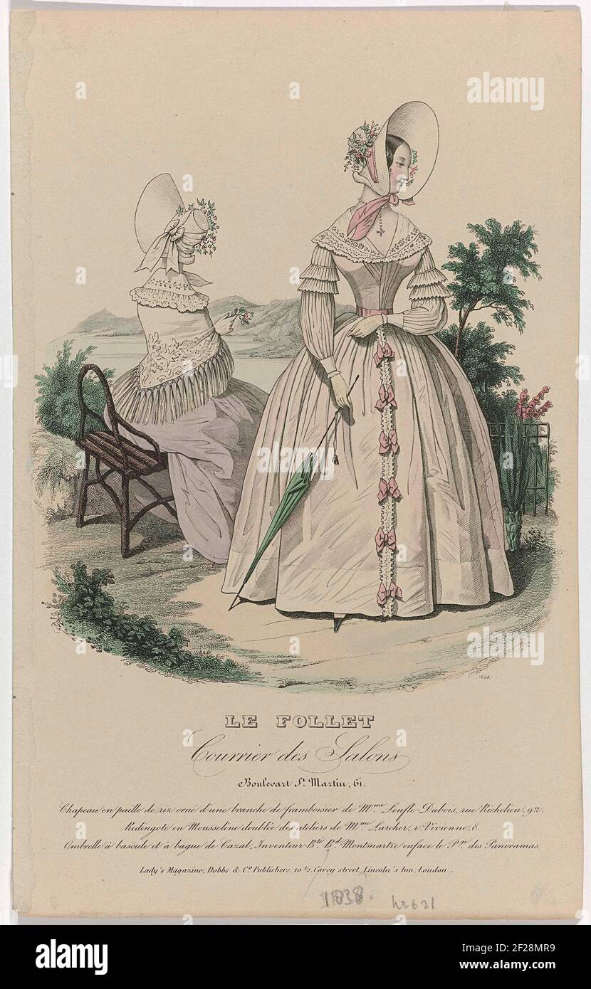 Le Follet Courrier des Salons, 1838, no. 621: Chapeau en paille de riz (...).dos mujeres en un paisaje, una de las cuales visto en la espalda. Según la leyenda: Sombrero de 'Paille de Riz' decorado con una rama del arbusto de frambuesa, de Lenfle dubois. Redingote de muselina acolchada de los estudios Larcher. Parasol con manantial de Cazal, inventor, patentado. Impreso de la revista de moda le Follet Courriet des salons (Novembre 1829- octobre 1882). Foto de stock
