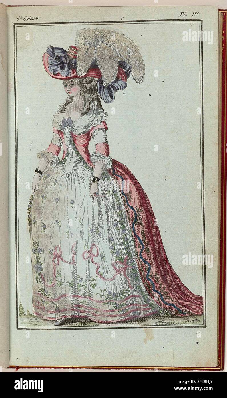 Cabinet des Modes ou les Modes Nouvelles, 15 Janvier 1786, 5e cahier, pl.   à la turque. Según el texto que acompaña, la mujer lleva un sombrero  grande de satén (color Nakara),