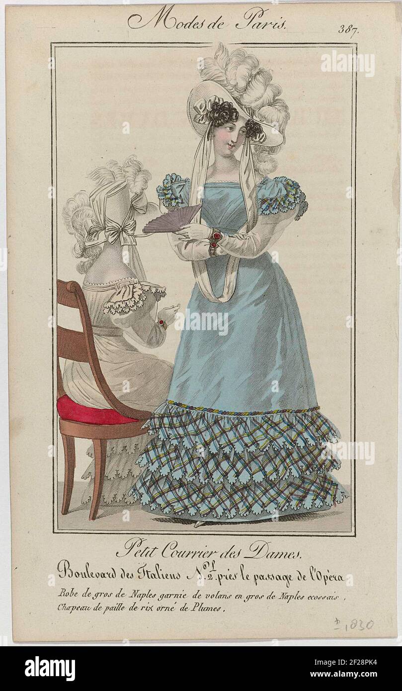 Petit Courrier des Dames, 1826, no 387 : Robe de gros de Nápoles (...).Mujer vestida con japa de 'Gros de Nápoles', recortada con de 'Gros de Nápoles' a cuadros.