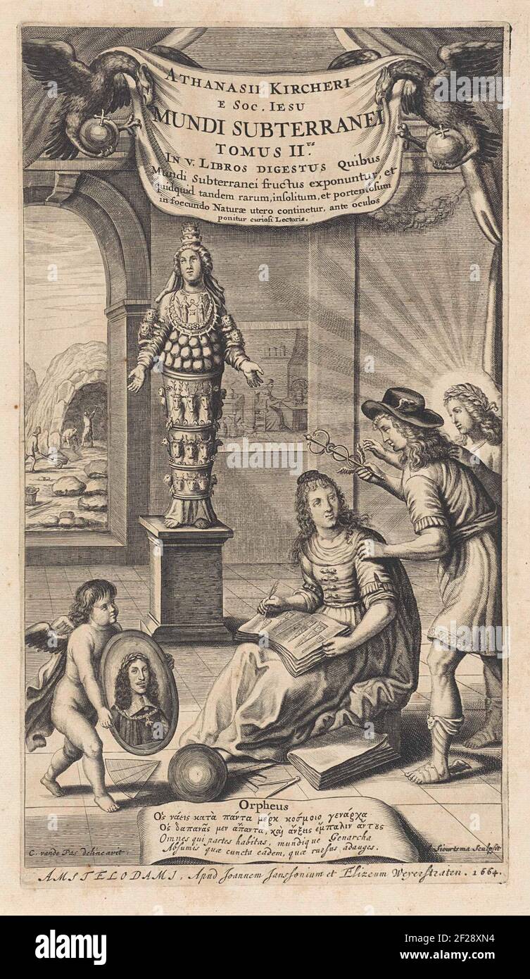 Titelpagina voor: A. Kircher, Mundus subterraneus, 2e deel, 1664.UNA mujer  está sentada en un taburete y escribe en un libro con imágenes de  obeliscos. Además de ella en el suelo, instrumentos de