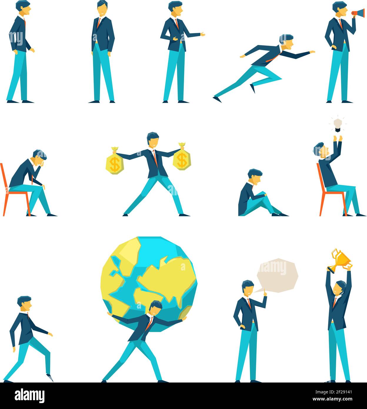 Personaje de hombre de negocios de dibujos animados en varias poses.  Motivación e inspiración, pensamiento y ganancias, ilustración vectorial  Imagen Vector de stock - Alamy