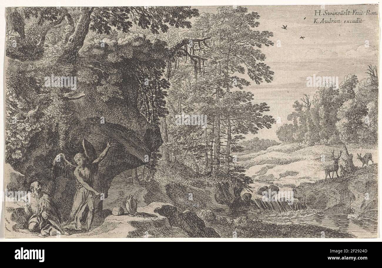 Elia en de engel; Oudtestamentische voorstellingen.en un paisaje rocoso con artetas de árboles y un elemento de agua, un ángel se muestra a la izquierda en el primer plano que despierta el Ellia arrodillado y apuntando a un pedazo de pan y una jarra con agua. Foto de stock