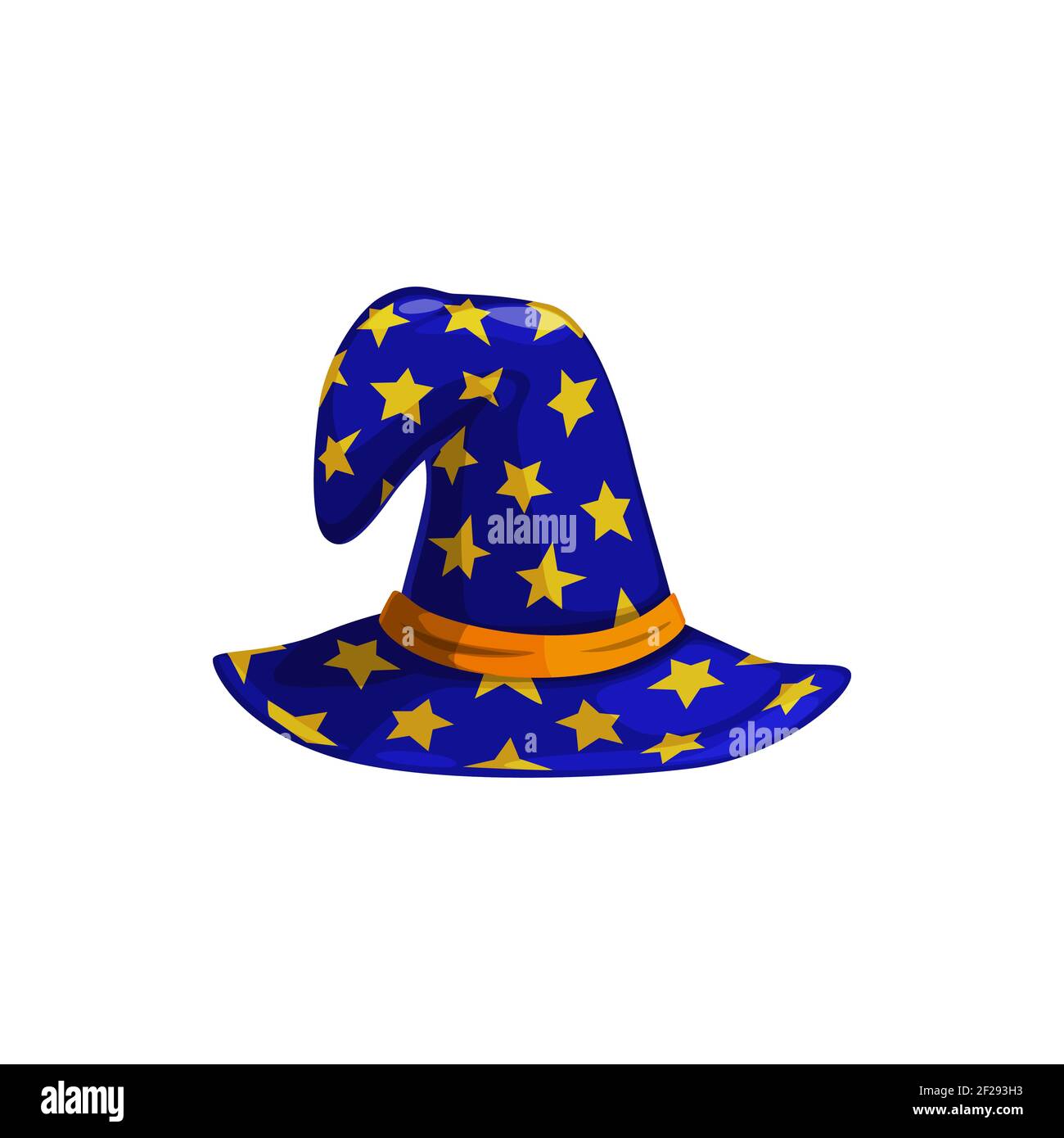 de dibujos animados o icono de vector de sombrero de bruja, azul mago cabeza con estrellas amarillas y Disfraz de Halloween, gorra de mago aislada en blanco bac Imagen Vector