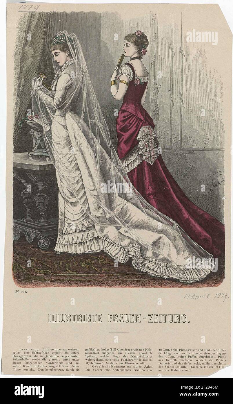 Illustrirte Frauen-Zeitung, 14 de abril de 1879, PL. 394 : Brautanzug.  Prinzessroba (...).Mujer en bata de boda o 'prinzessrobe' de satén blanco.  Corona de mirto y velo transparente. Mira en la cadena