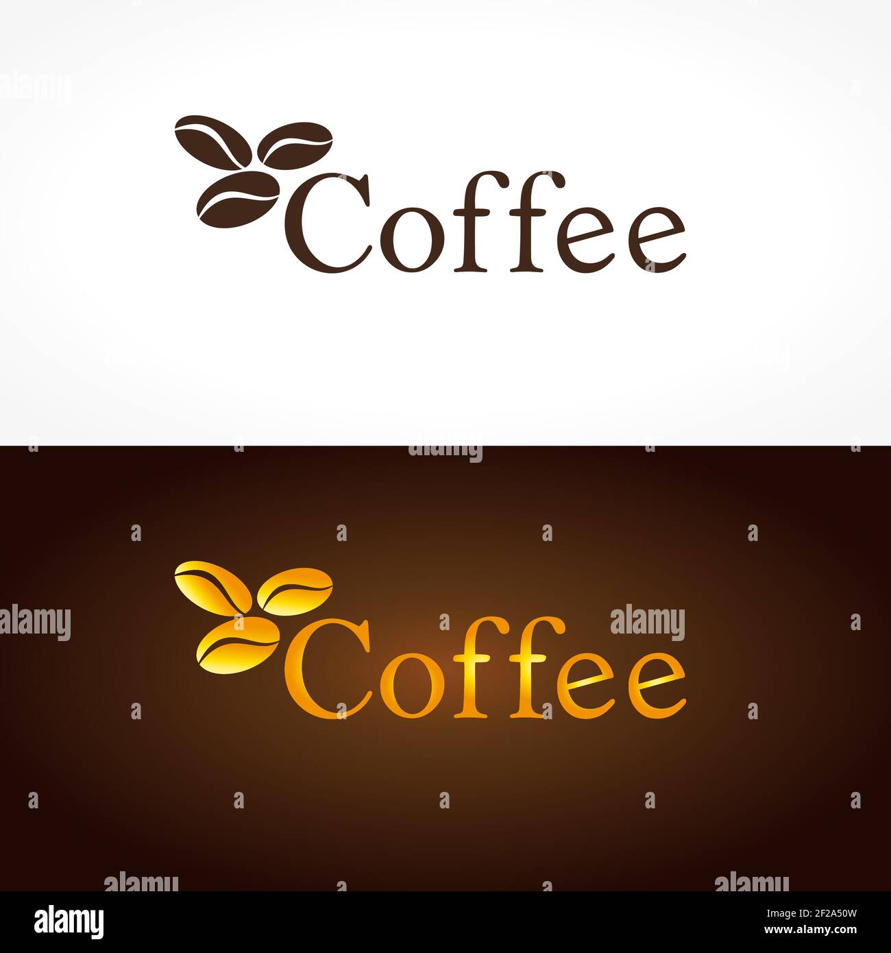 Logotipo de la empresa de café. El logotipo con granos de café de oro para  cafés y cafés. Emblema de Marca de color dorado en estilo tradicional.  Aislado ab Imagen Vector de