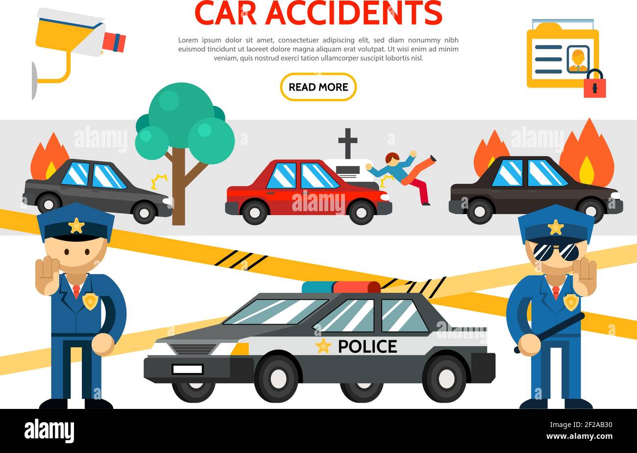 Iconos de accidentes de carretera plana con accidente de coche quemando  automóvil peatón atropellado cámara de vigilancia licencia de conducir  oficiales de policía vector aislado el Imagen Vector de stock - Alamy