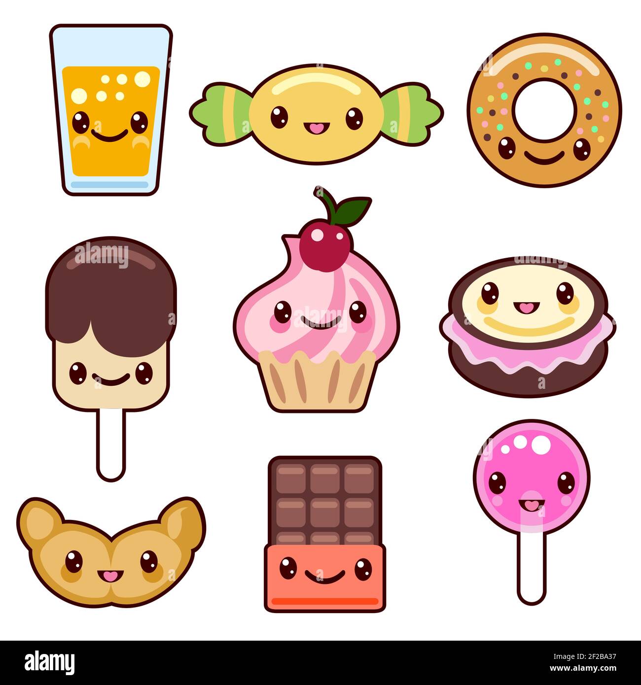 Dulces kawaii personajes de la comida. Diseño dulce, postre de dibujos  animados sonrisa, conjunto, ilustración vectorial Imagen Vector de stock -  Alamy
