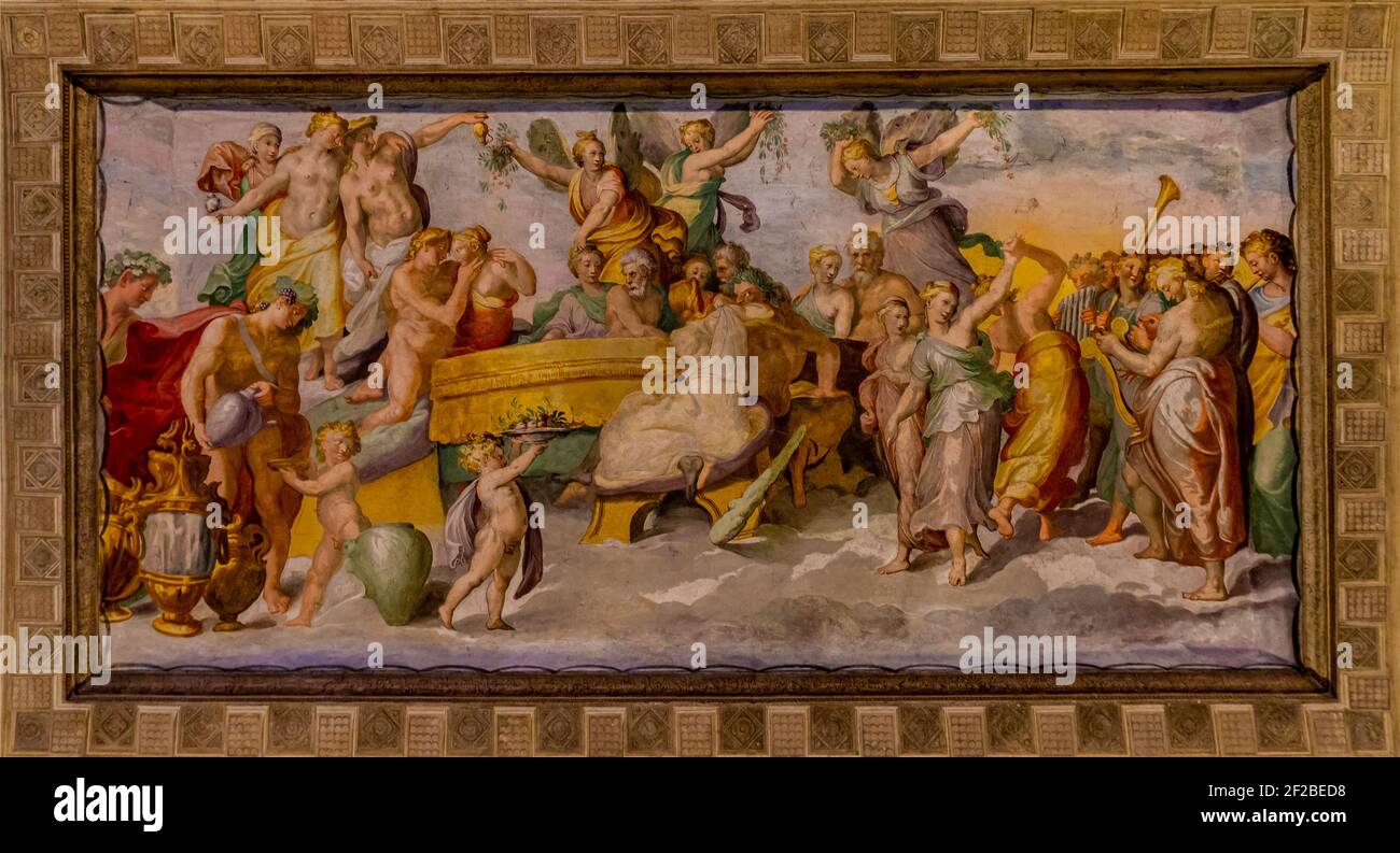 TIVOLI, ITALIA - 23 DE SEPTIEMBRE de 2018: Banquete fresco de los dioses de la habitación de la Fuente de la Villa d’este en Tivoli, cerca de Roma. Es un 16th-centur Foto de stock