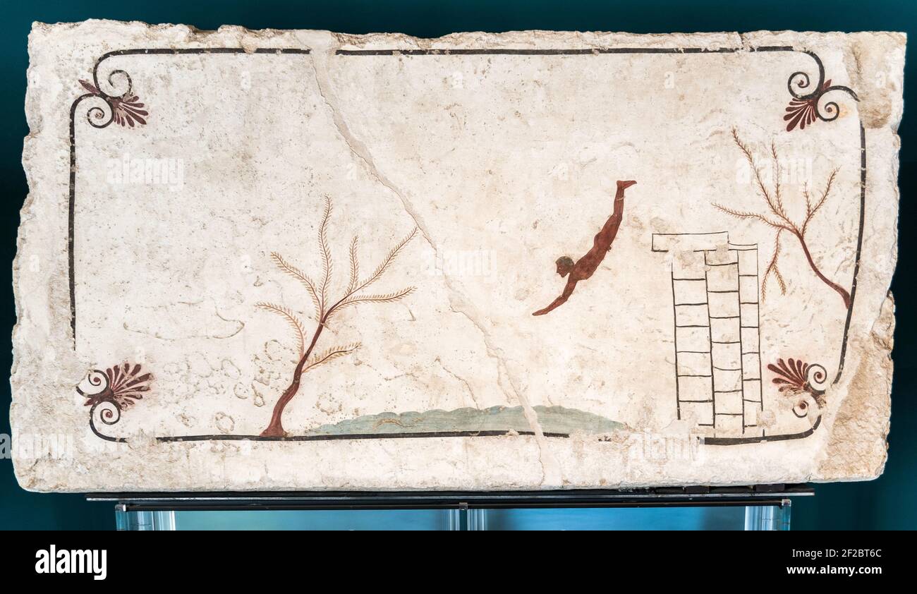 Antiguo griego fresco: Tumba de buceador, Paestum Foto de stock