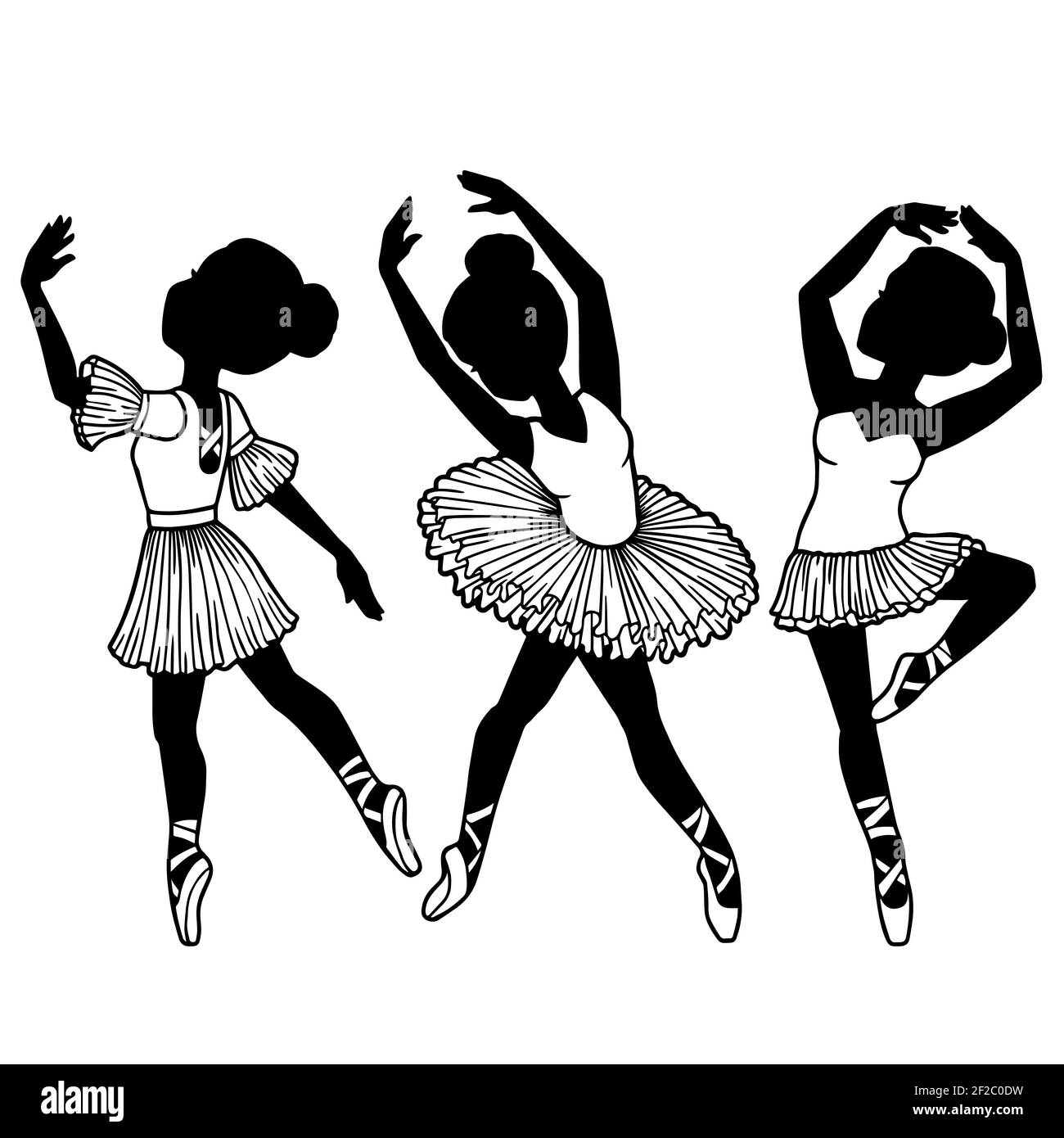 Siluetas de bailarinas de niñas pequeñas sobre un fondo blanco.  ilustración, impresión, vector