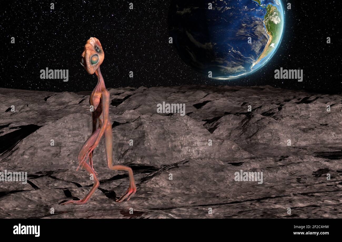 Alienígena en la superficie de la luna y el planeta Tierra sobre un fondo. 3D renderizado. Foto de stock