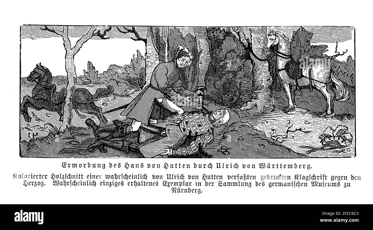 El asesinato en 1515 de Hans von Hutten por Ulrich, duque de Wuerttemberg, Hans era un pariente de Ulrich von Hutten que escribió duras satires contra el duque Foto de stock