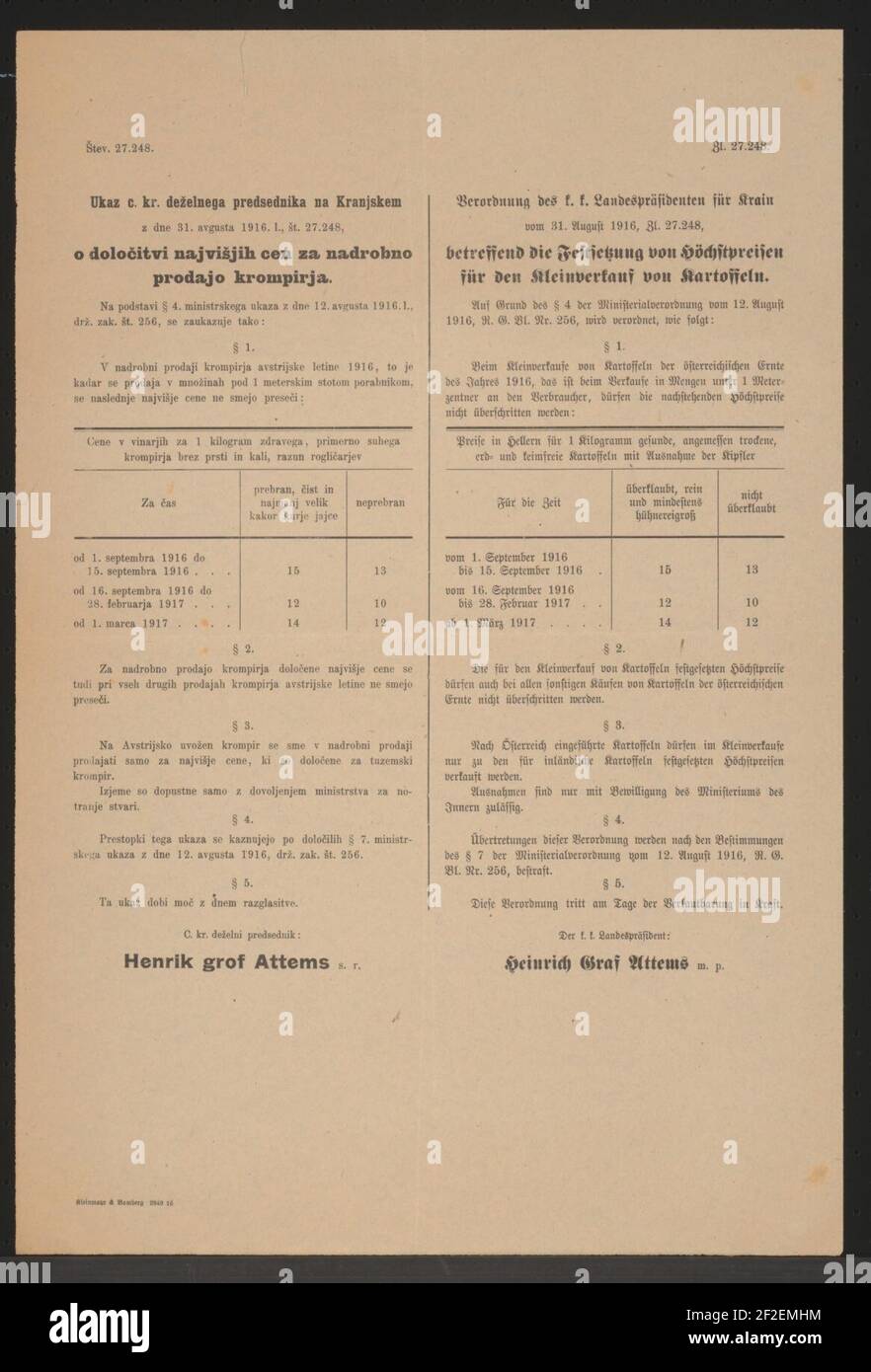 Preise für Kartoffeln - Kundmachung - Laibach - Mehrsprachiges Plakat 1916. Foto de stock