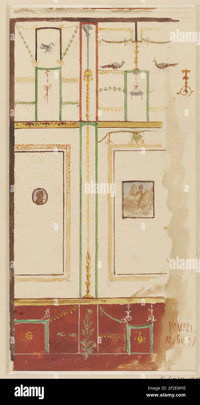 Estudio preliminar de la decoración de la pared pintada en la Casa del poeta trágico en Pompeya (2) acuarela de Luigi Bazzani. Foto de stock