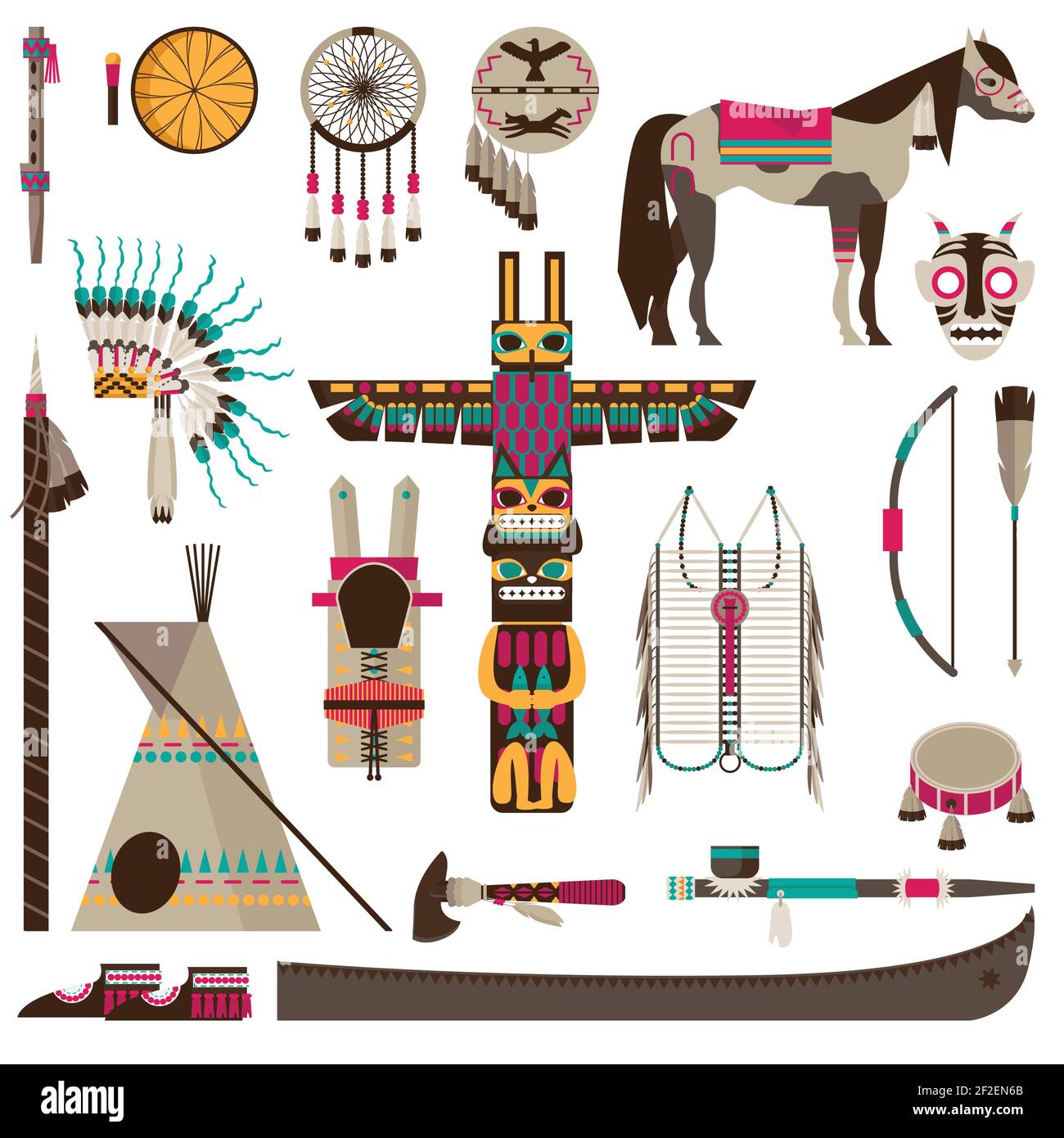 Símbolos indios americanos y accesorios tribales iconos de fito conjunto  aislado Imagen Vector de stock - Alamy