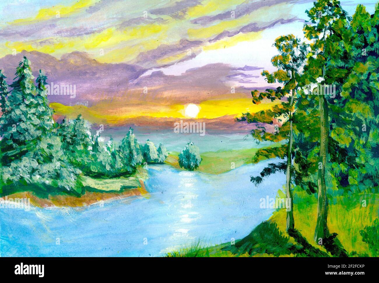 Pintura sobre lienzo - el paisaje de puesta de sol del río. Ilustración de  obras de arte Fotografía de stock - Alamy