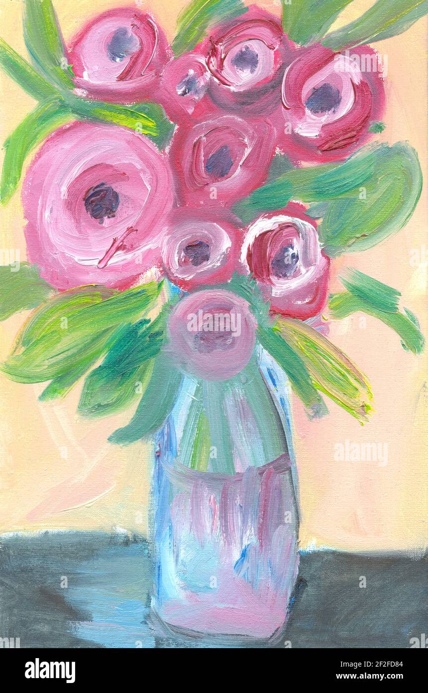 Pintura al óleo. Exuberante ramo de flores rosas delicadas en jarrón azul.  Un cuadro pintado por el artista con pinturas al óleo sobre un lienzo  Fotografía de stock - Alamy