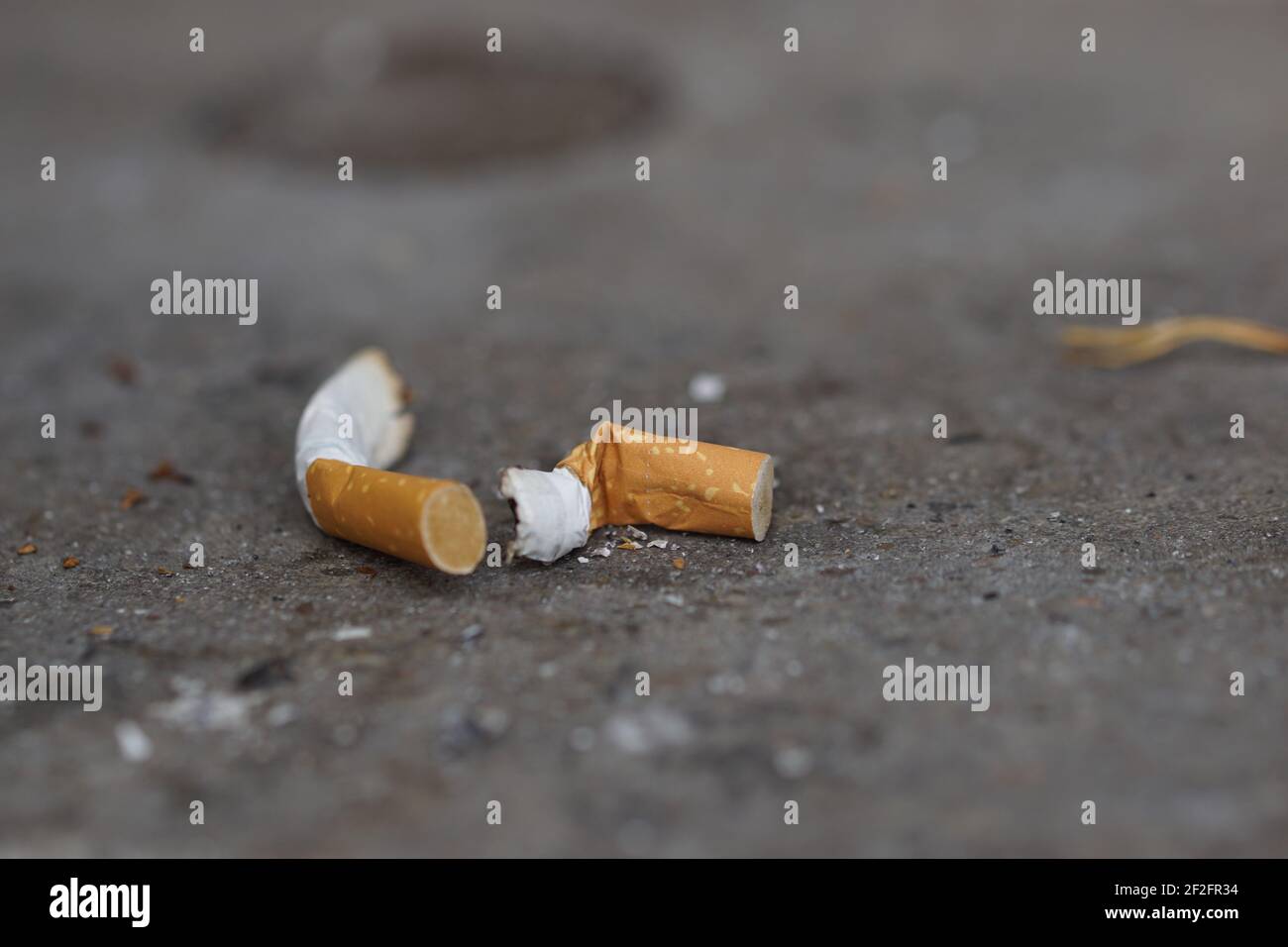 cigarrillos tirados en el suelo en la ciudad - el medio ambiente y la contaminación del agua subterránea Foto de stock