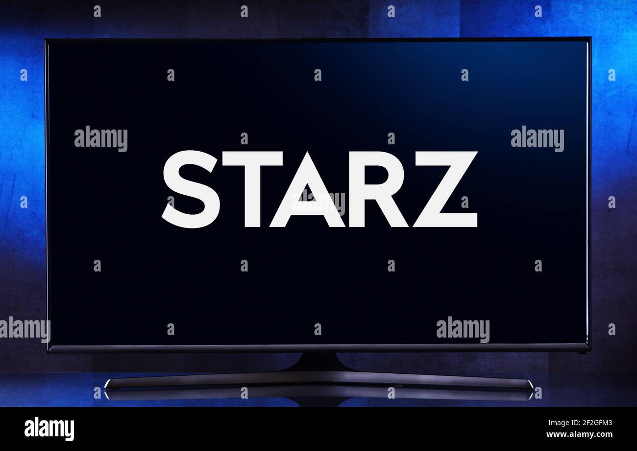 POZNAN, POL - 6 DE FEBRERO de 2021: Televisor de pantalla plana con el  logotipo de Starz, una cadena de televisión por cable y satélite de primera  calidad de los Estados Unidos,