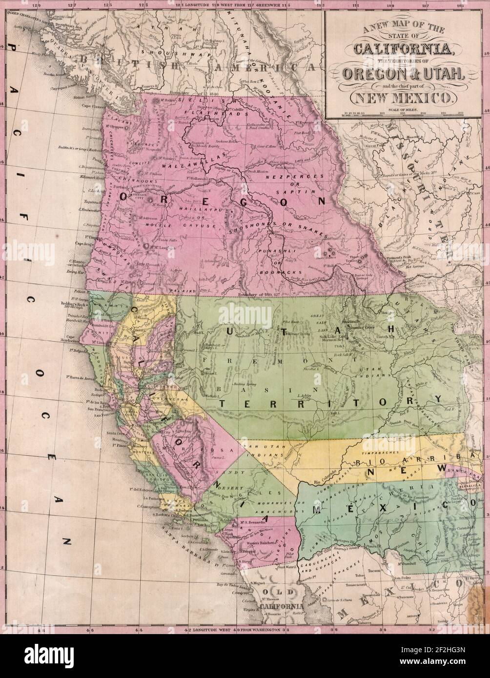 Un nuevo mapa del estado de California, los territorios de Oregon y Utah, y la parte principal de Nuevo México por Thomas, Cowperthwait and Company, 1852 Foto de stock