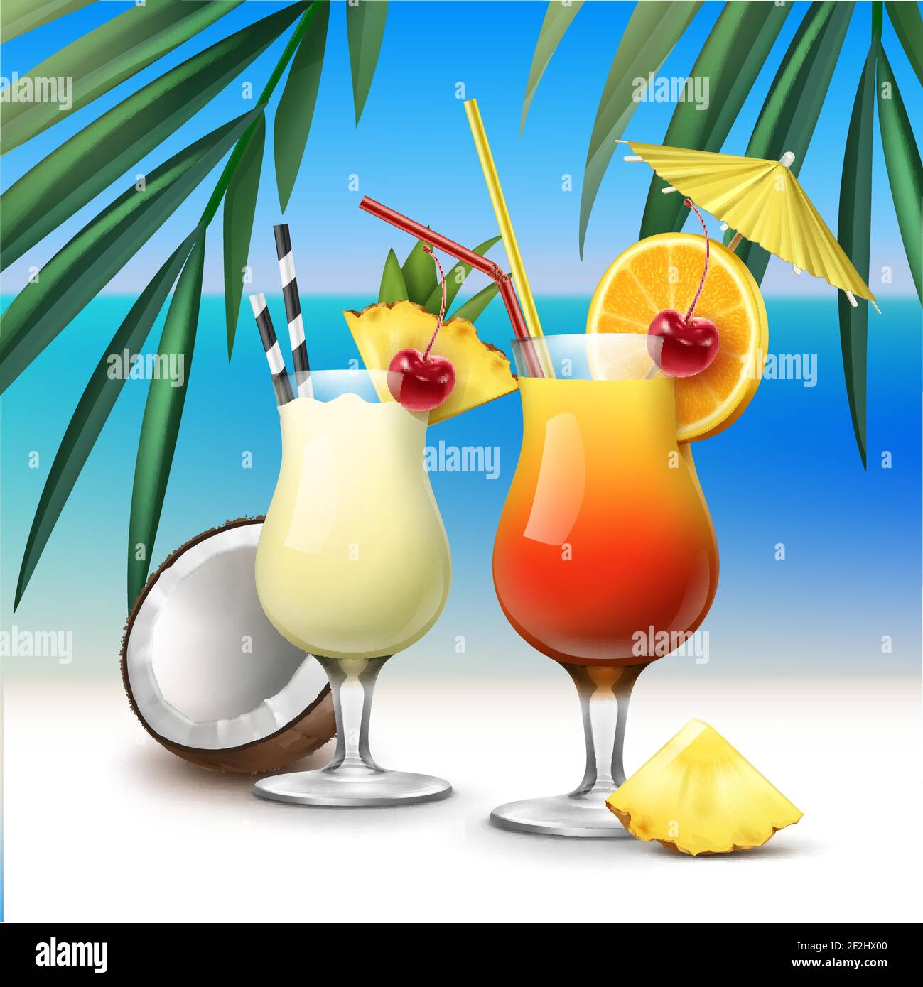 Vector tropical cocktails Tequila Sunrise y Pina Colada en azul junto al mar con hojas de palma de fondo Imagen Alamy