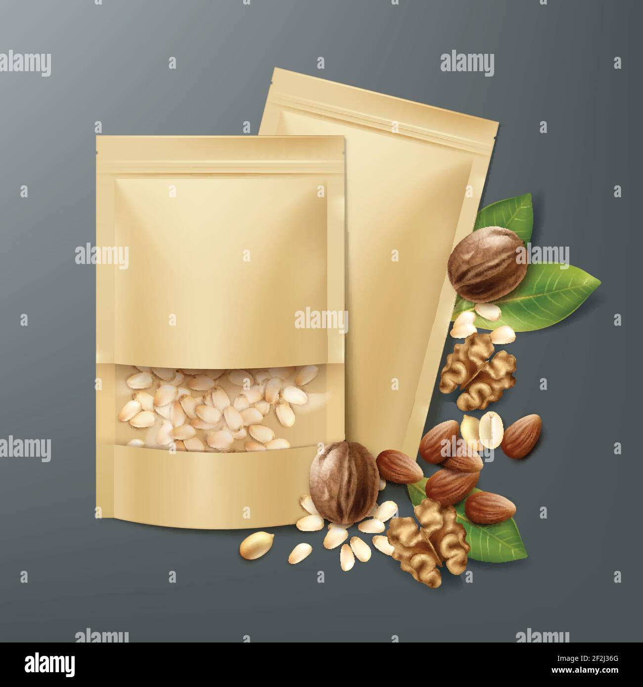 Vector en blanco papel de aluminio sellado, bolsas de plástico llenas de piñones pelados con nueces, almendras y cacahuetes vista superior sobre fondo oscuro Ilustración del Vector