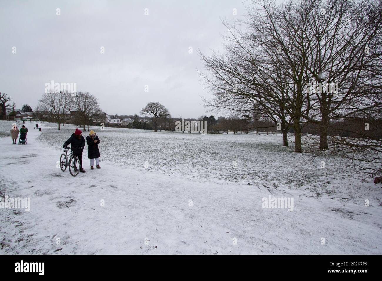 Highams Park Londres, el Highams Park en Highams Park, Londres durante la nieve de invierno, con gente caminando entre los árboles Foto de stock