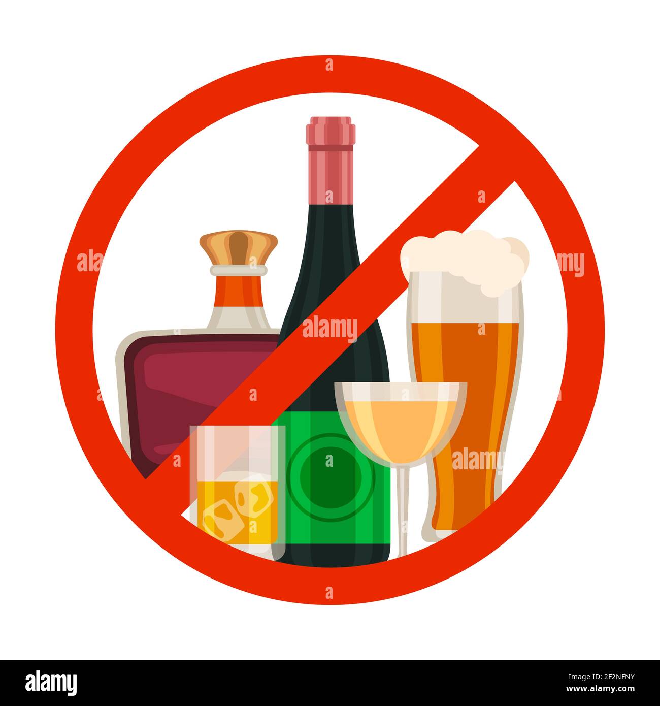 No hay icono de alcohol. Signo de prohibición de bebidas alcohólicas con  cerveza de dibujos animados, vino y botella de whisky en círculo rojo.  Símbolo de vector de prohibición de bebidas Imagen