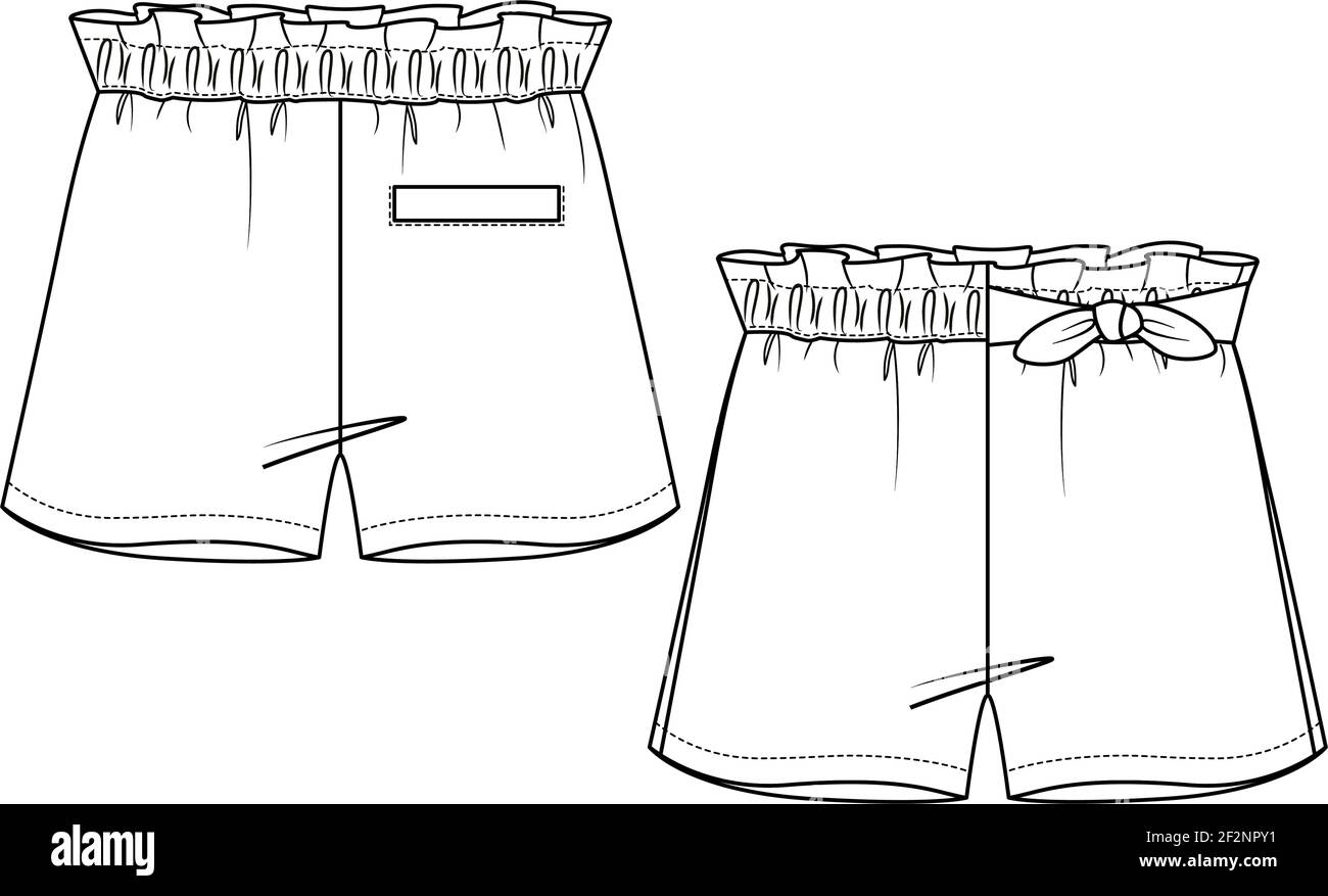 Cute Girls Shorts con lazo decorativo moda plano dibujo plantilla.  Ilustración técnica de moda. Paperbag cintura. Bolsillo trasero de Welt  Imagen Vector de stock - Alamy