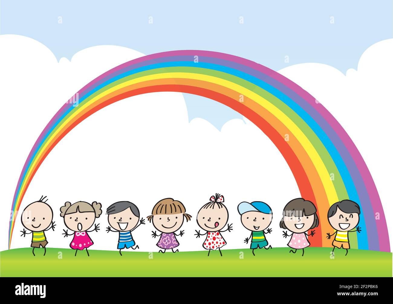 Ninos De Dibujos Animados Vectoriales Con Fondo De Arco Iris Imagen Vector De Stock Alamy