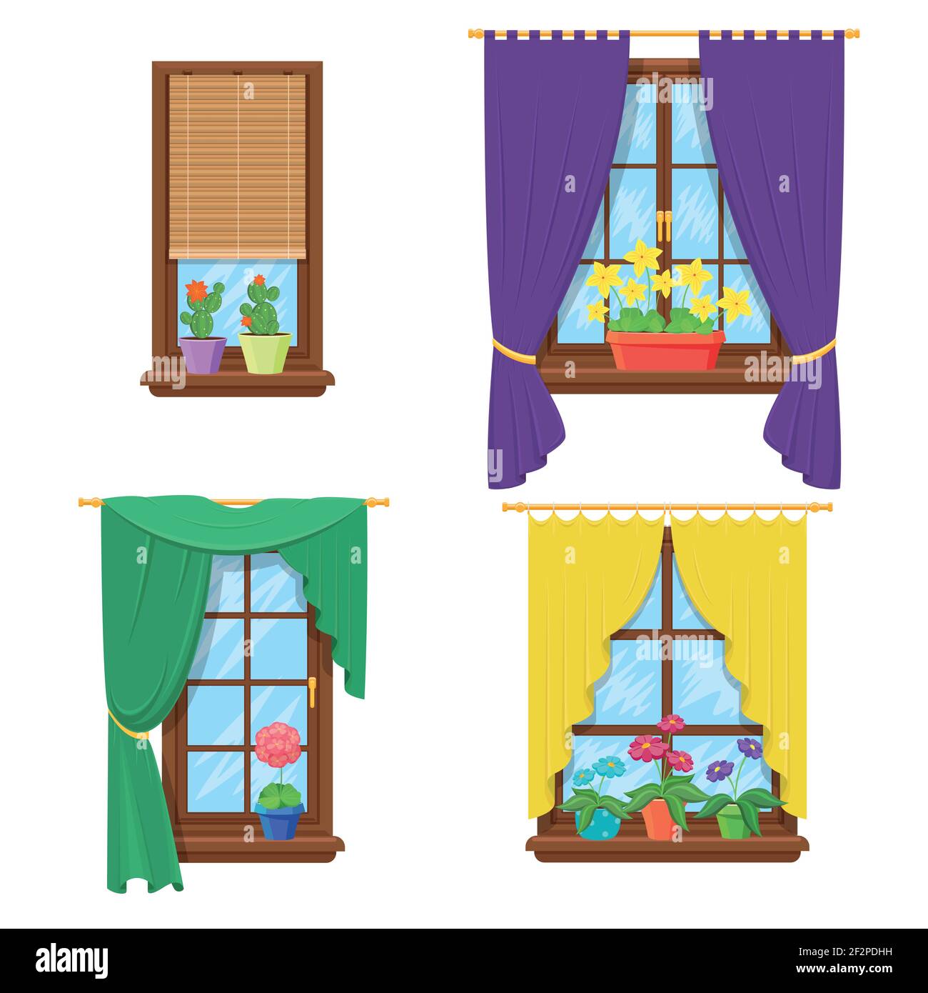 Ventanas con cortinas y flores. Ventana con flor, casa cortina,  construcción de vidrio. Conjunto de ilustración vectorial Imagen Vector de  stock - Alamy