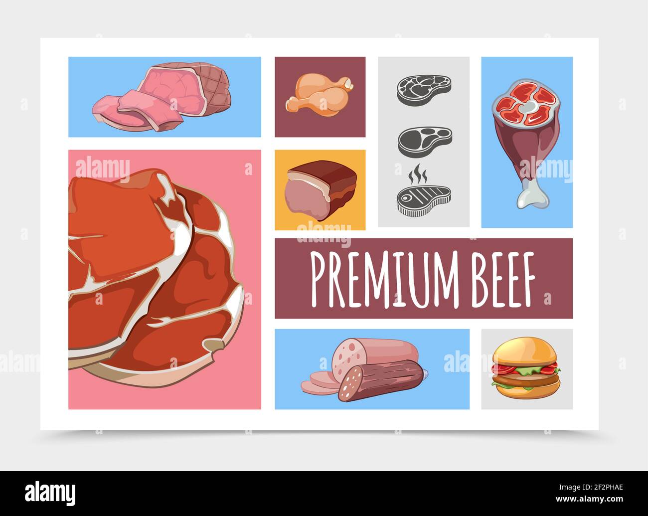Colección de comida de carne de dibujos animados con carne de res carne de  cerdo pollo nudillo piernas hamburguesa jamón salami vector ilustración  Imagen Vector de stock - Alamy